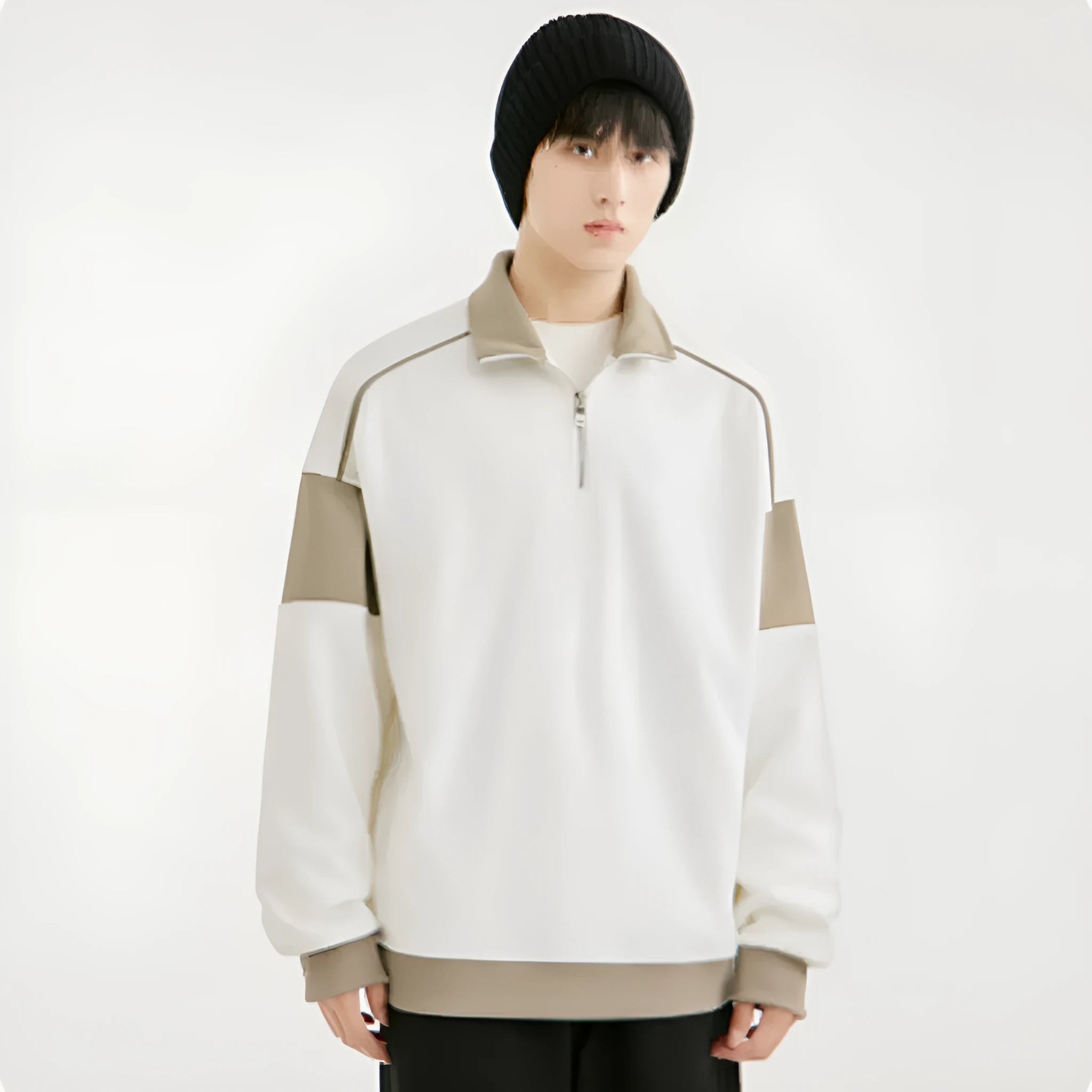 Men's corduroy hooded sweater with drop shoulder design in beige colour showing loose fit