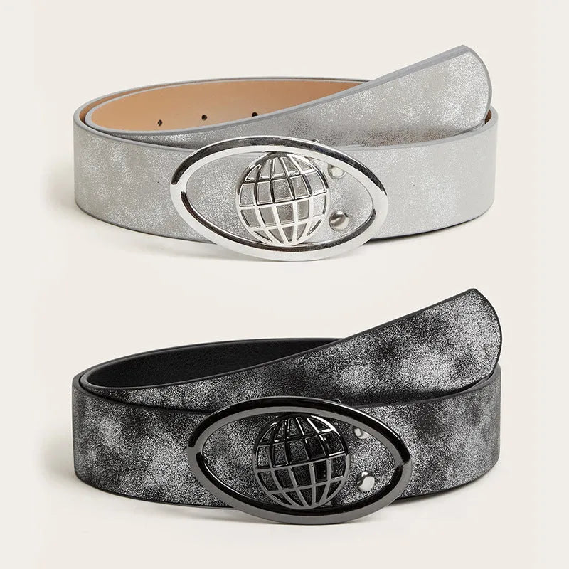 Women's vintage oval buckle belt in grey PU leather with thick width and alloy fastening