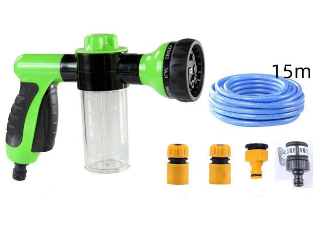 Green high-pressure foam spray water gun with adjustable nozzle for car and garden cleaning.