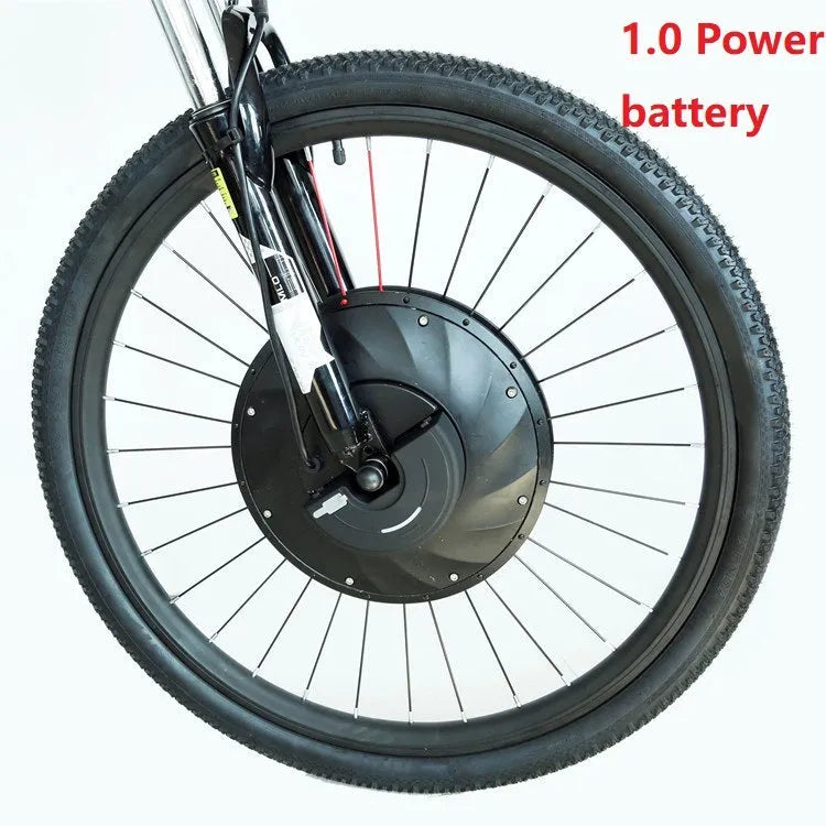 26-inch bicycle electric conversion kit showing hub motor wheel, lithium battery, and 12.6V5A charger