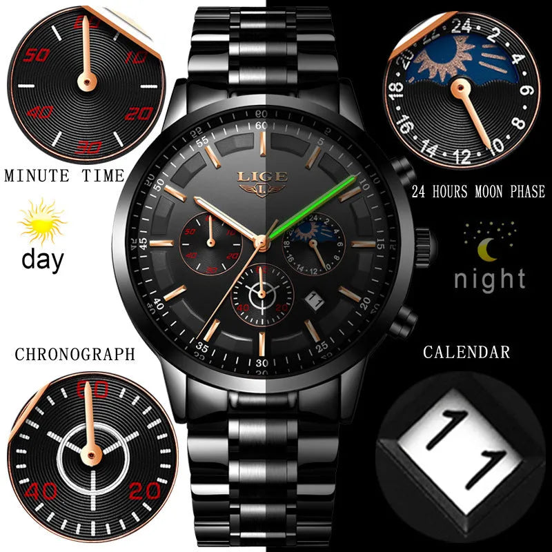 Men's waterproof quartz business sports watch showing four colour options with 12mm thickness