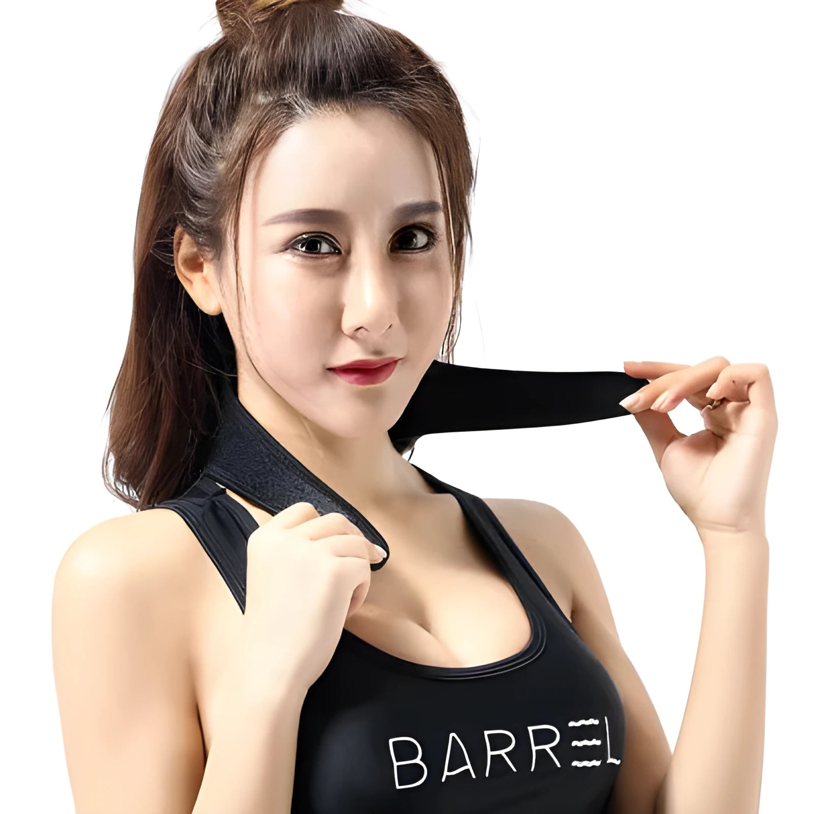 Black adjustable self-heating neck guard with magnetic therapy for pain relief.