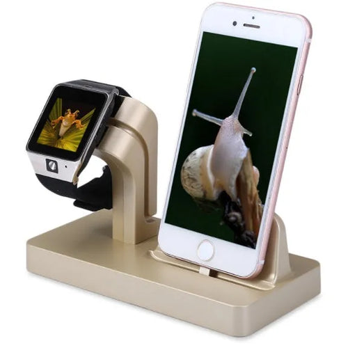 White 2-in-1 charging dock station holding an iPhone and an Apple Watch on a desk.