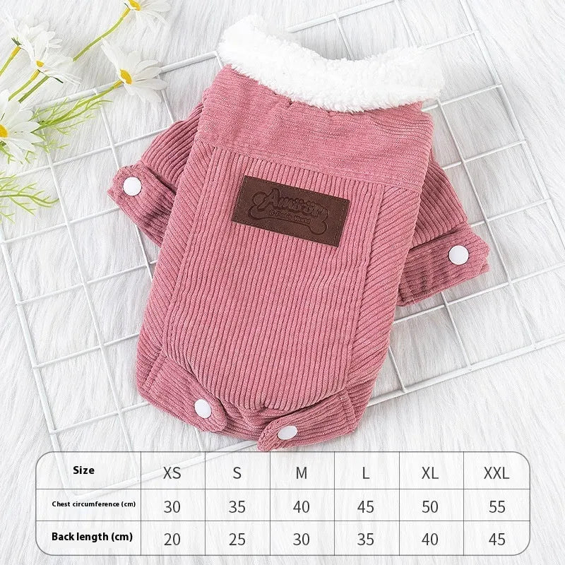 Lambswool grey padded dog vest with wool lining for winter wear, shown on a dog model.