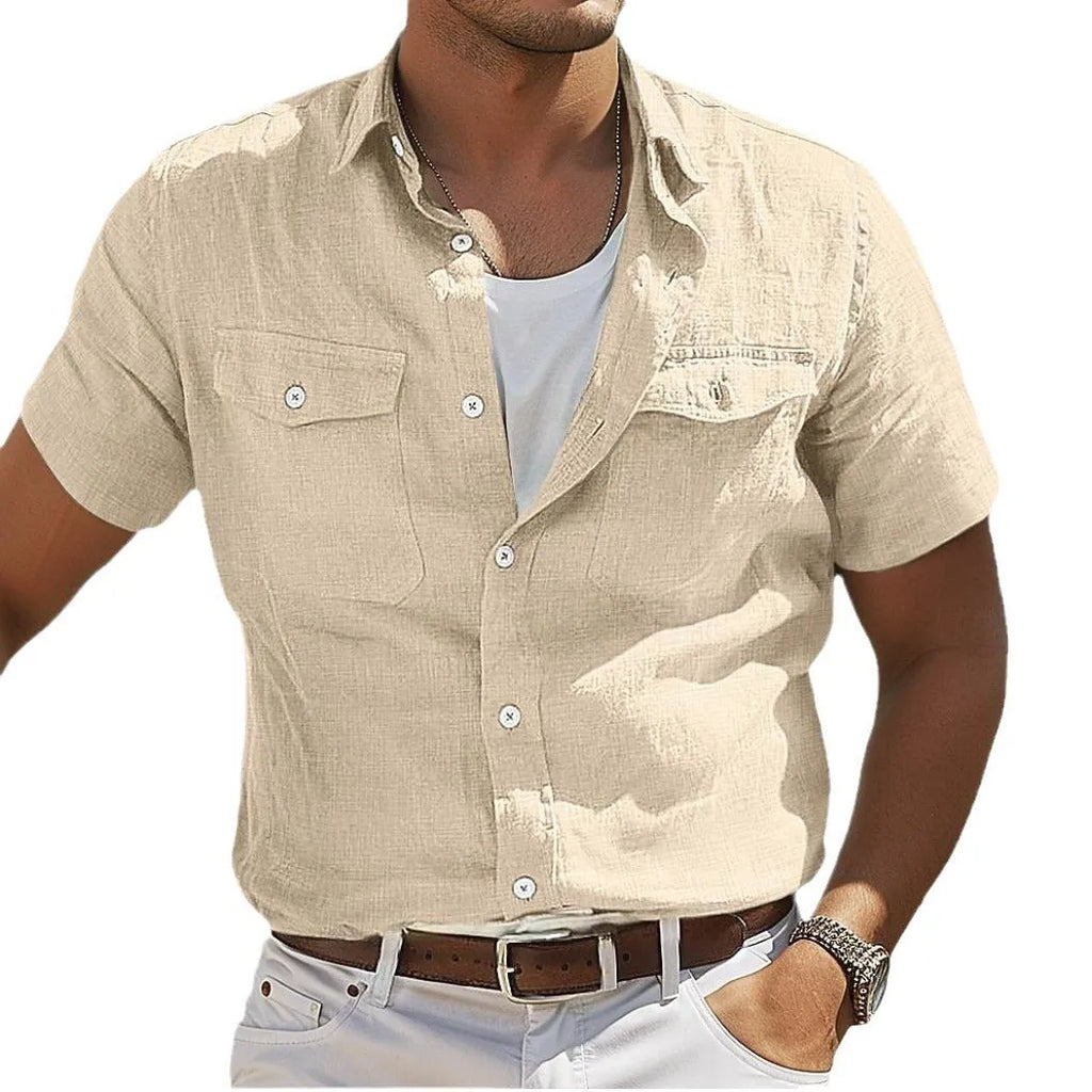 Men's grey linen summer shirt with polo collar and long sleeves in loose fit styling