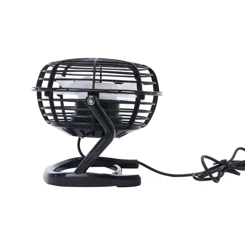 Mini USB desk fan in black colour with adjustable tilt, showing 96mm blades and USB cable