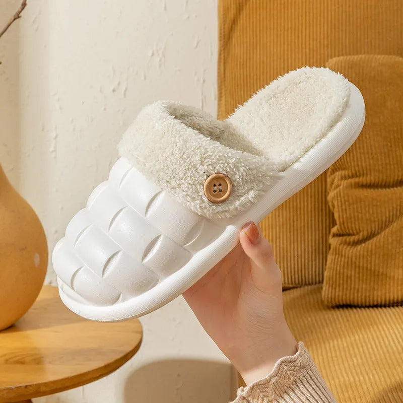 Plaid patterned detachable slippers for women with plush lining and a textured EVA anti-skid sole.