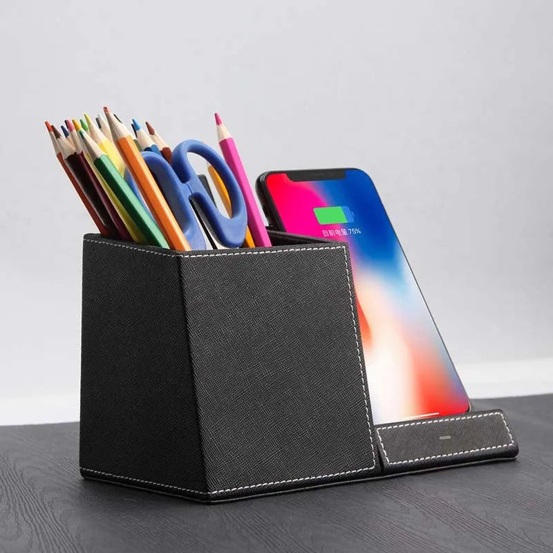 Leather pen holder wireless charger with phone charging on stand and pen storage compartments