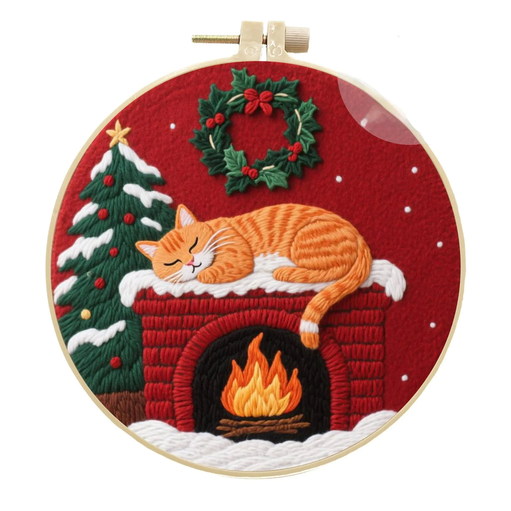 DIY embroidery material kit showing cotton linen fabric with cat and autumn fruit design, optional bamboo hoop and scissors
