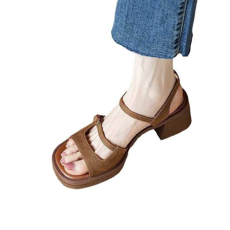 Women's retro platform sandals with square toe and open toe design in milky white colour