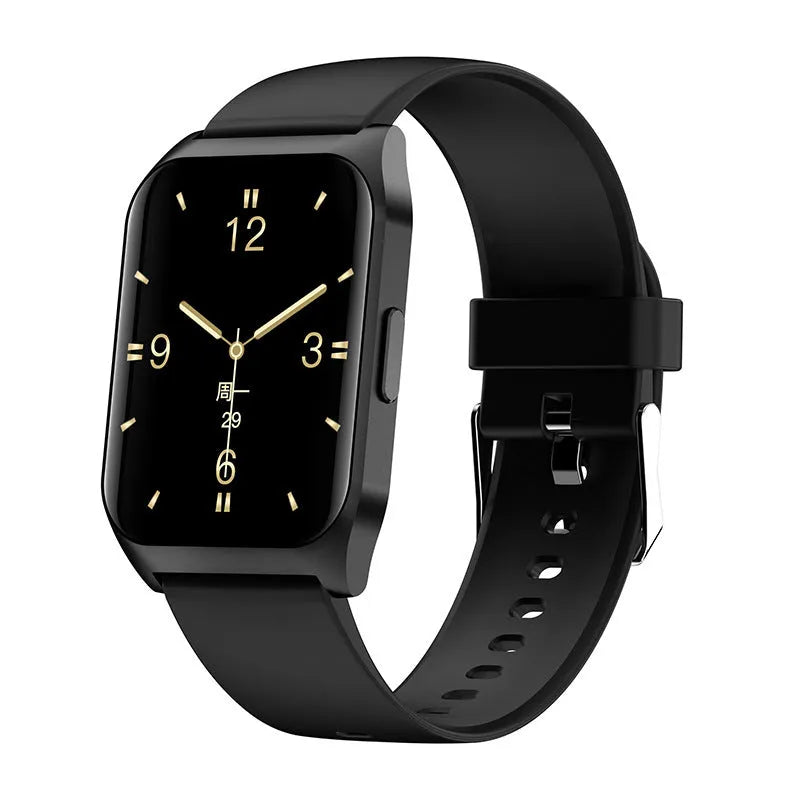 Black smart watch with 1.69-inch screen and silicone strap showing heart rate display