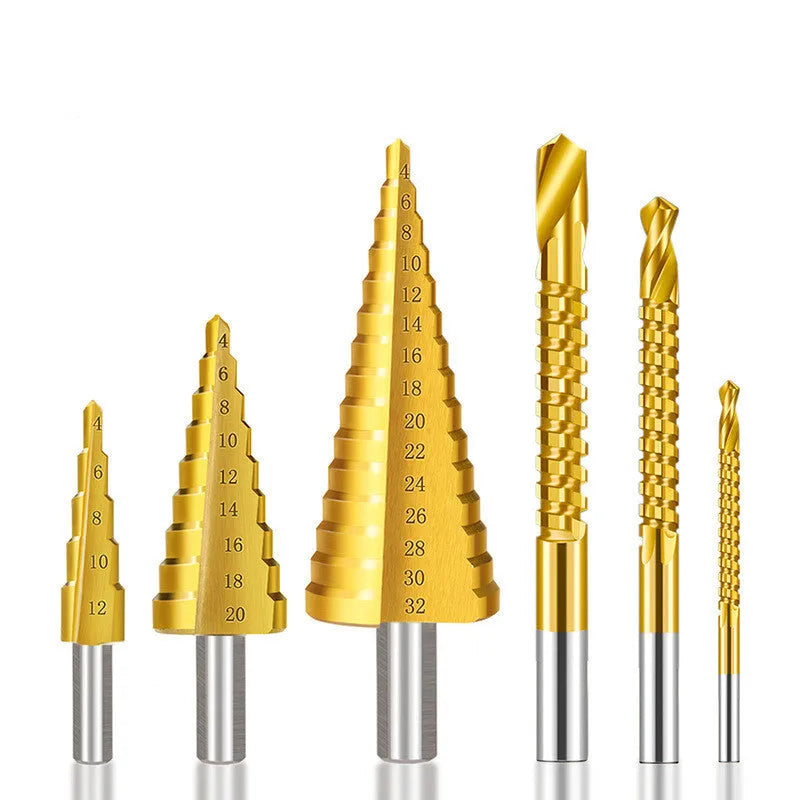 High-speed steel cone drill bit punch set with step bits and centre punch for metal drilling