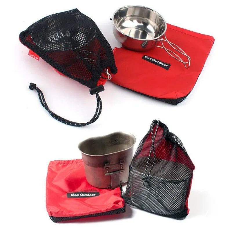 Set of five red Oxford cloth travel storage bags with zippered closures and multiple pockets