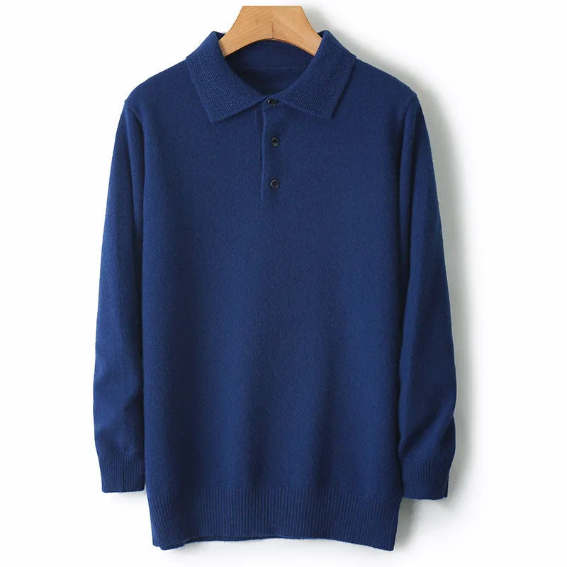 Men's wool pullover sweater with a polo collar in noble blue colour.