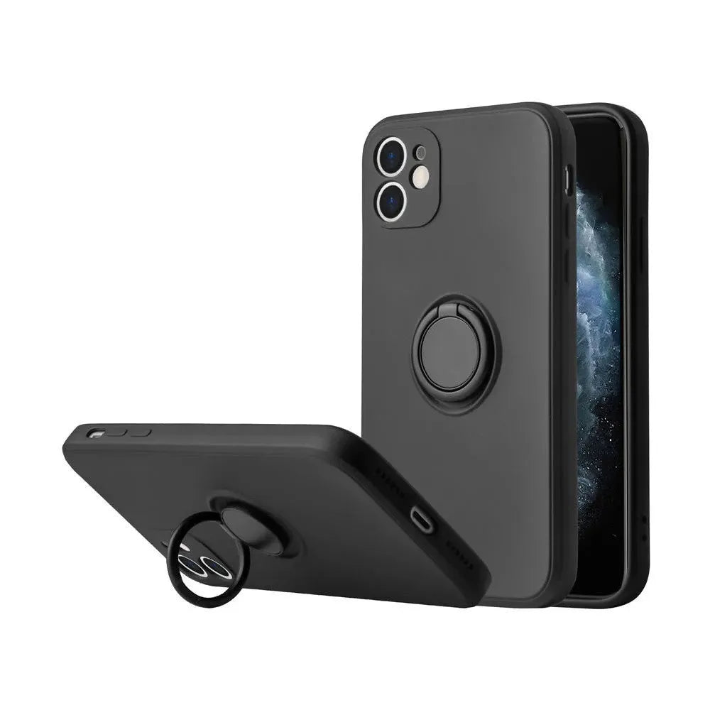 Liquid silicone iPhone 12 case with an integrated ring holder on the back, shown in a choice of colours.