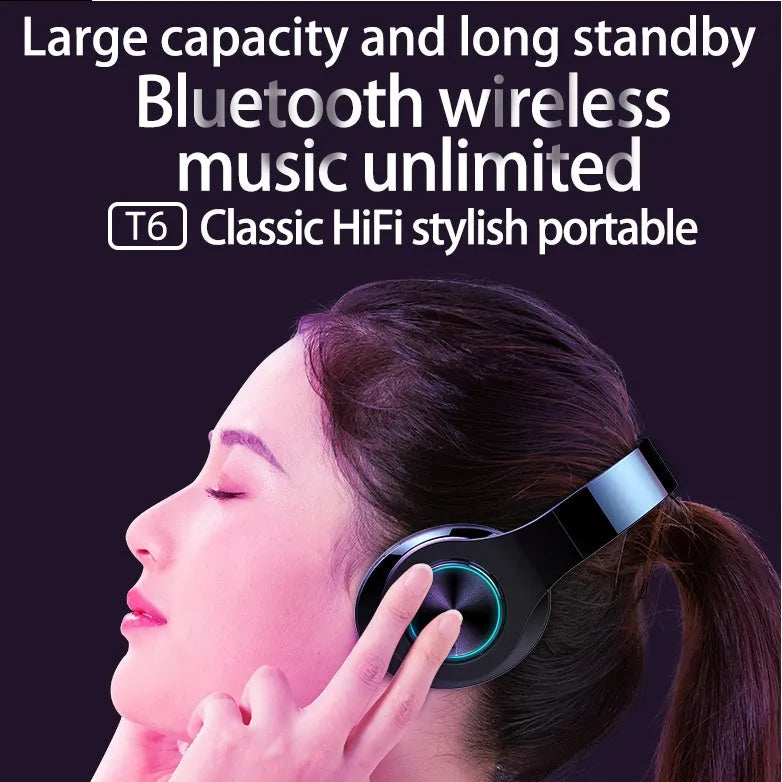 T6 model wireless Bluetooth headset shown from the side, featuring a headband and earcup design.