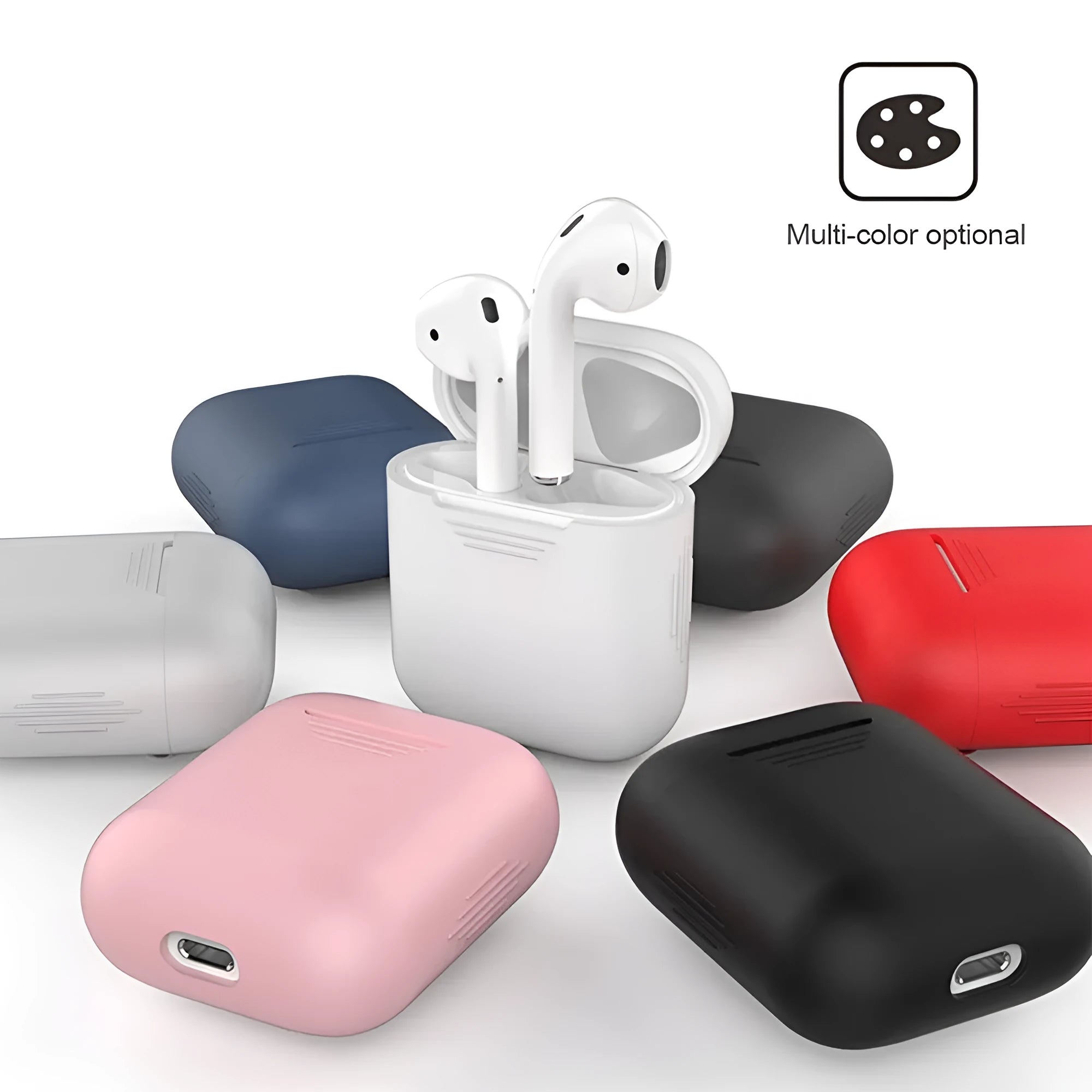 Silicone protective case with anti-loss rope for Apple AirPods, shown in multiple colour options.