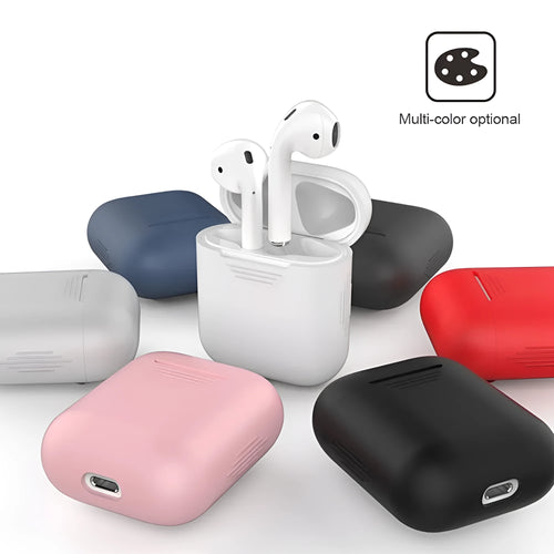 Silicone protective case with anti-loss rope for Apple AirPods, shown in multiple colour options.