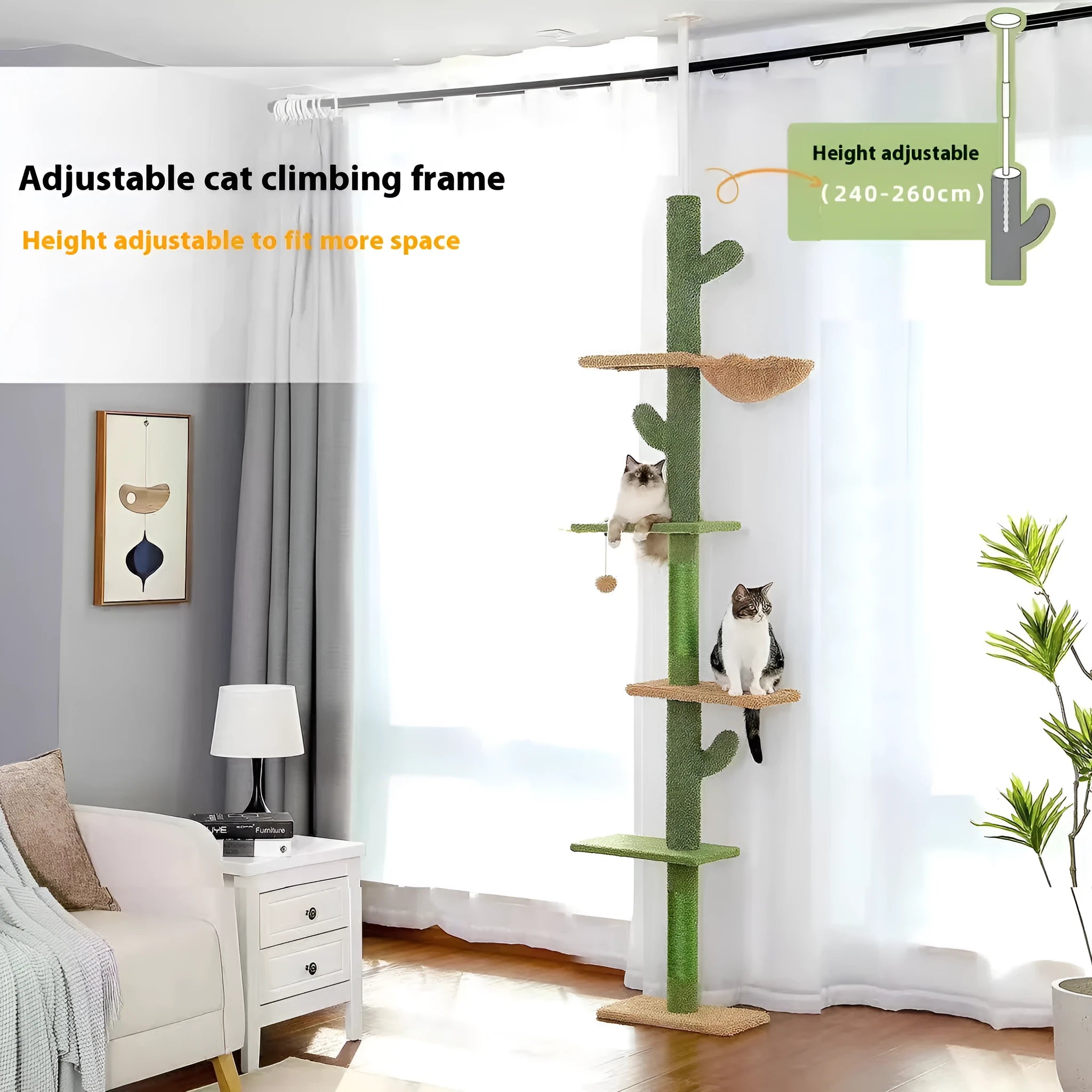 Tall cactus design cat tree with integrated scratch board and toy on solid wood climbing frame