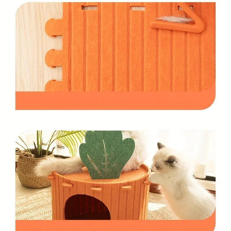 Carrot-shaped felt cat nest and tunnel cattery in semi-enclosed design