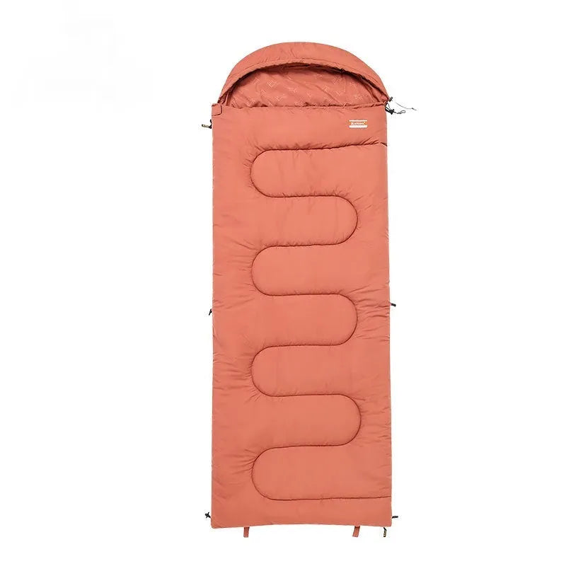 Cotton camping sleeping bag quilt shown in ochre and olive green colour options