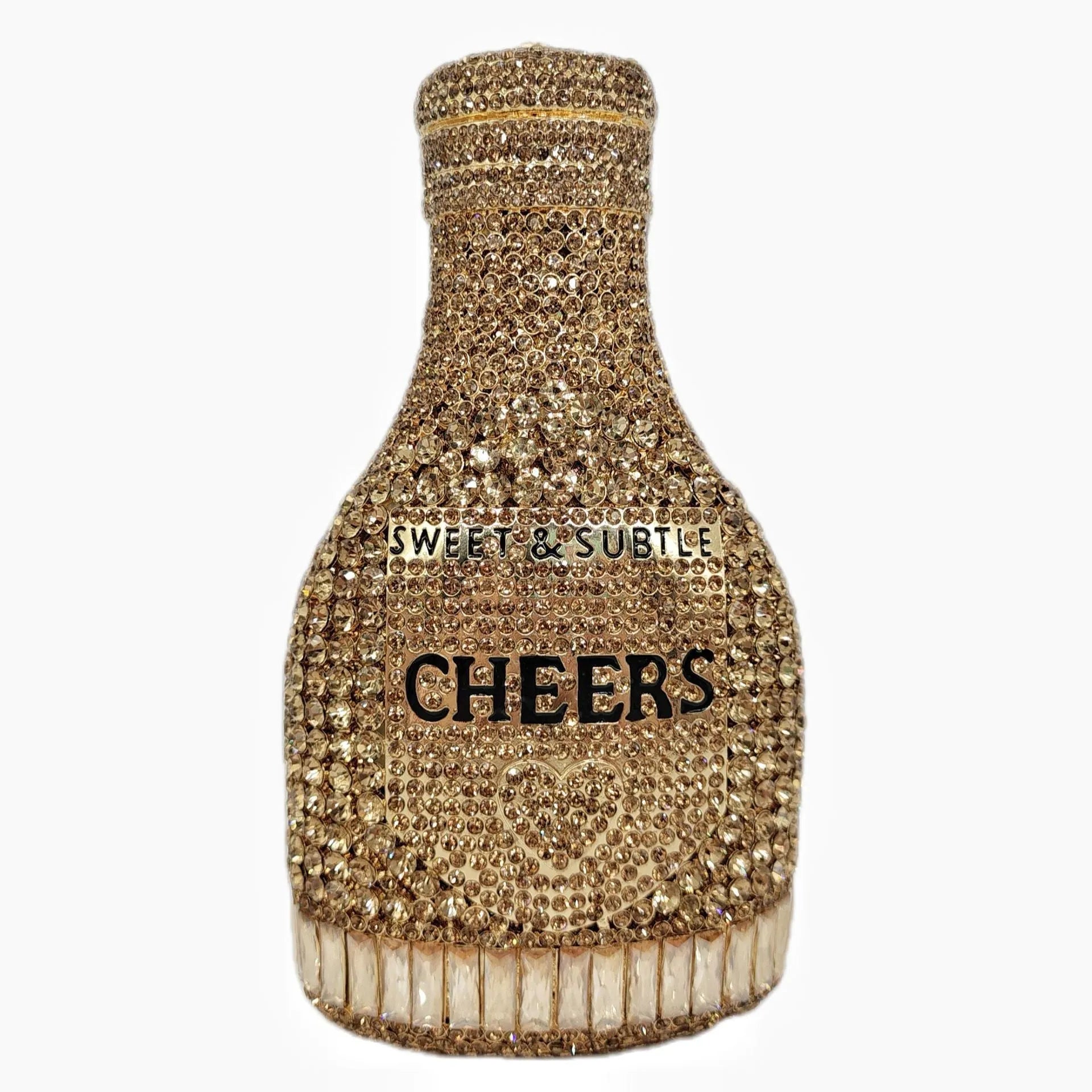 Gold rhinestone champagne bottle shaped evening clutch bag with wrist strap on a dark background.