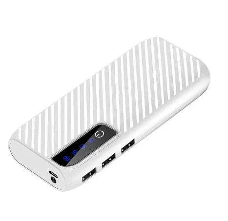 20000mAh portable mini power bank in black with dual USB ports showing compact size