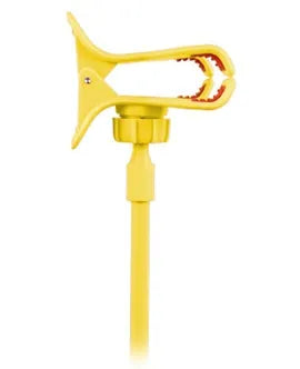 Black portable mobile phone holder with a long flexible arm and a V-clip, extended on a surface.