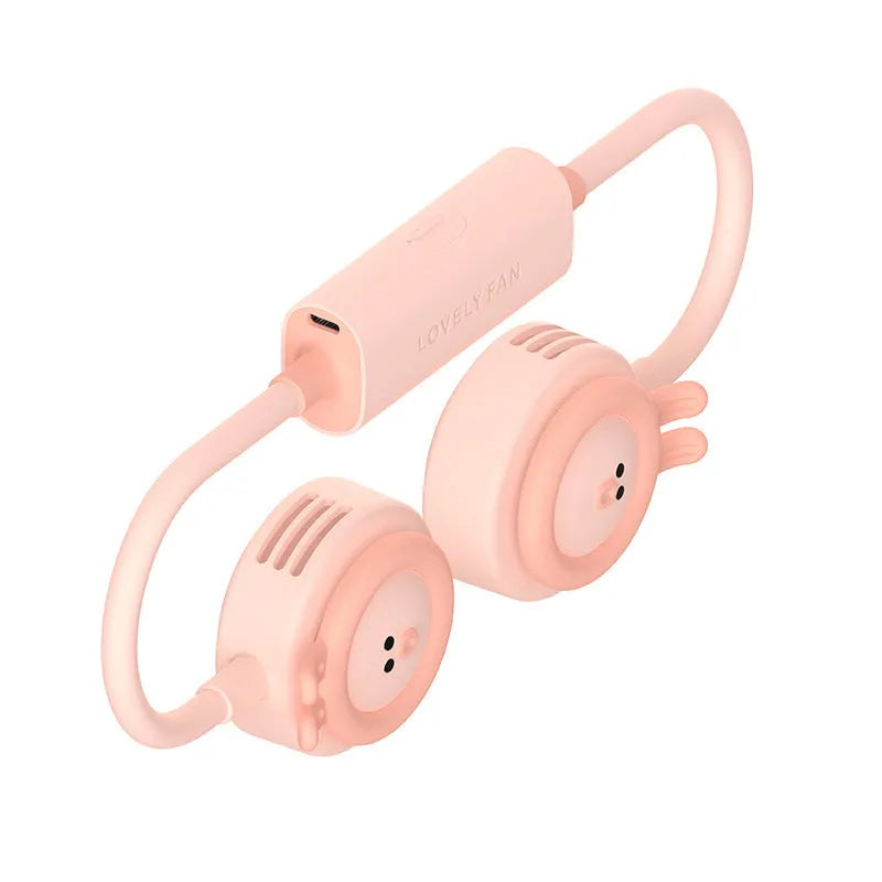 Pink folding neck fan showing leafless airflow design with USB charging port