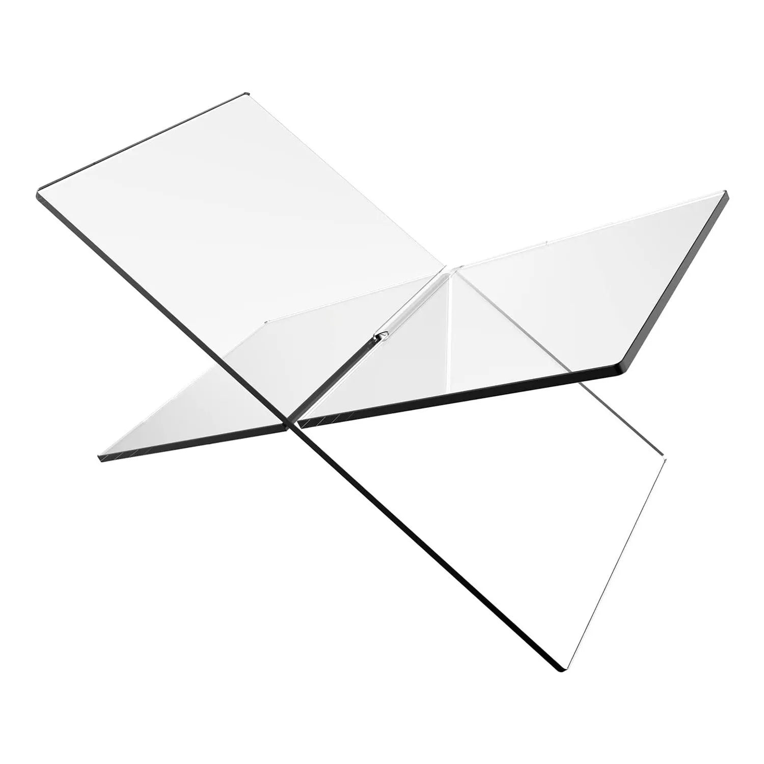 Clear acrylic X-shaped book reading rack holding books on a desk.