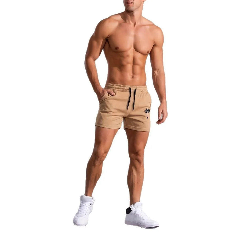 Men's khaki coconut print sports shorts with straight leg cut and elastic waistband