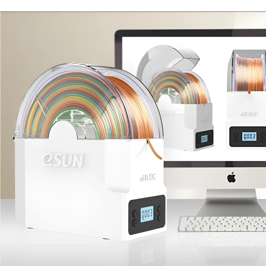 eBOX Lite 3D printing filament drying storage box with wire heating system and multiple plug options.