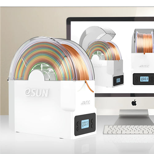 eBOX Lite 3D printing filament drying storage box with wire heating system and multiple plug options.