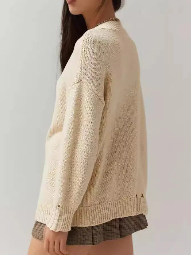Women's loose-fitting acrylic pullover sweater with Jacquard texture in milky white