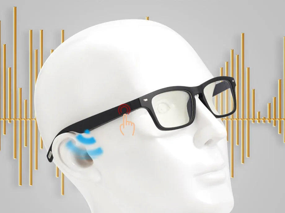 Smart sunglasses with Bluetooth open-ear speakers and polarised lenses.