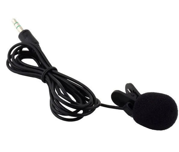 Black lavalier condenser microphone with 3.5mm plug and 2-metre cable for recording