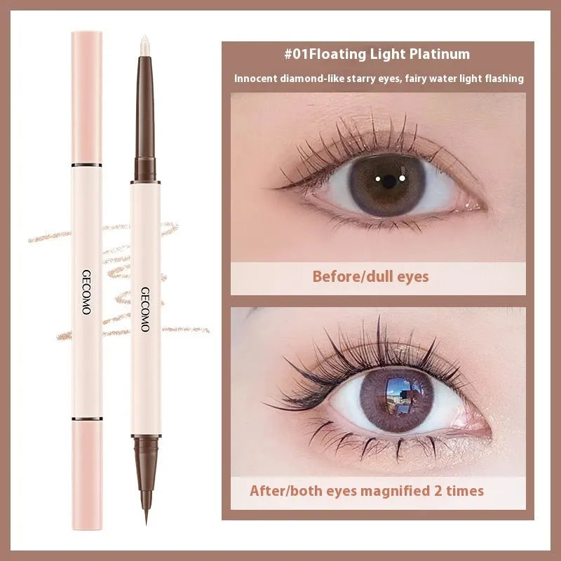 Double headed liquid eyeliner pen with stereoscopic design in pearlescent Floating Platinum and Raw Nude Apricot colours