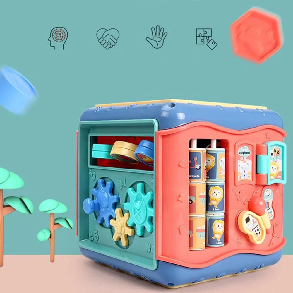 Colourful hexahedron educational cube with bead mazes, gears, numbers, and vehicle graphics