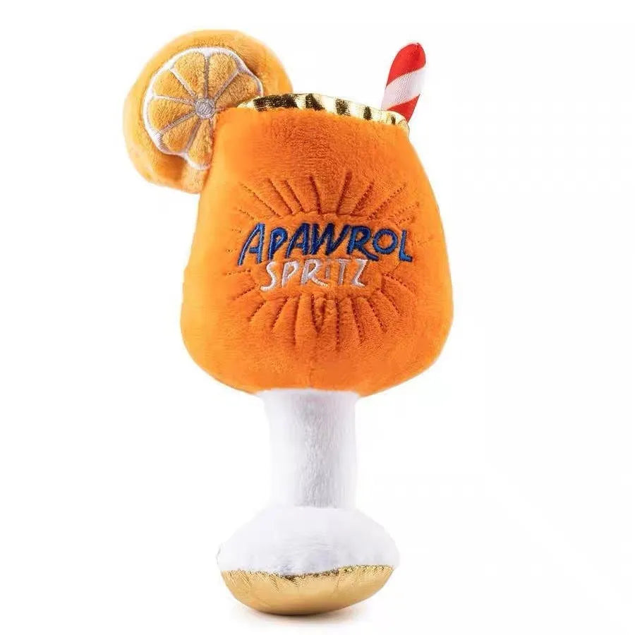 Yellow beer bottle cup-shaped squeaky dog chew toy with teeth cleaning ridges measuring 7cm