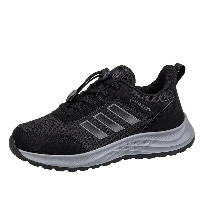 Men's and women's elastic band slip-on casual shoes in mesh material, showing colour options.