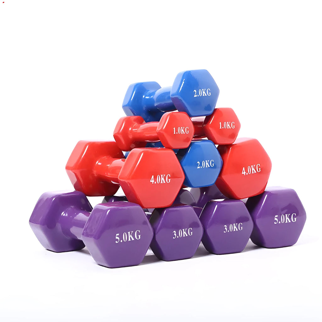 Bright coloured plastic fitness dumbbells with glossy finish in various weights for floor-safe exercise