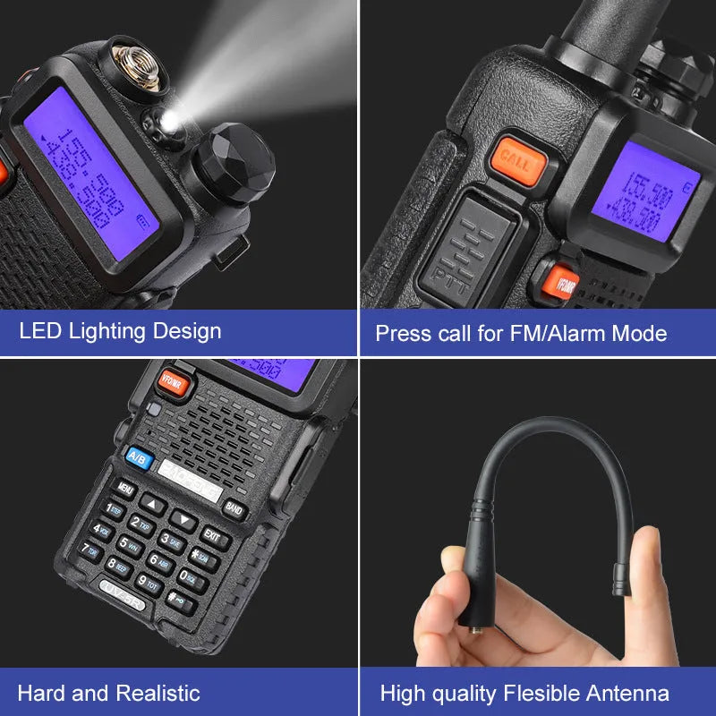 Handheld dual-band VHF/UHF walkie talkie with antenna showing compact dimensions