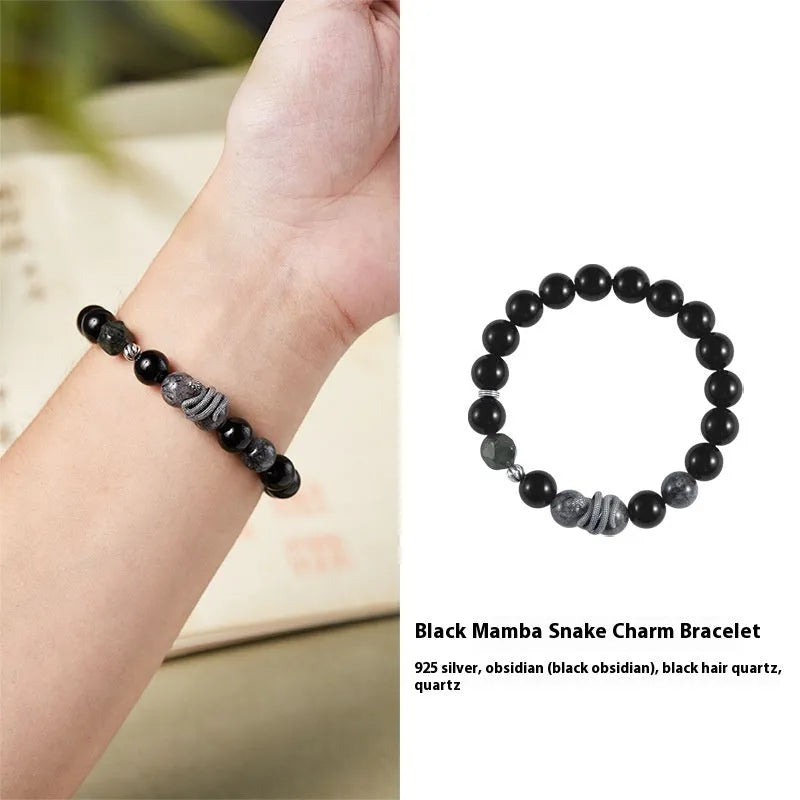 Men's black obsidian and sterling silver snake year bracelet with retro design, 10mm wide.