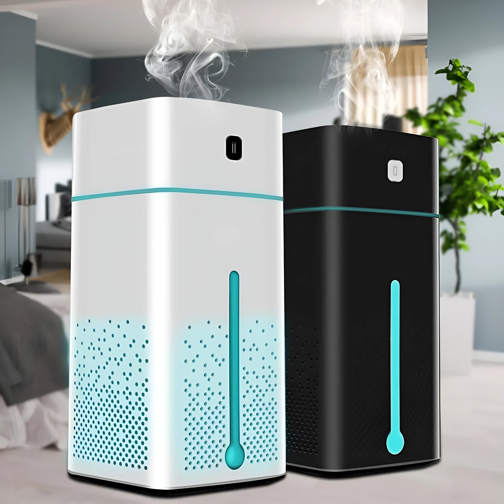 Black or white USB desktop humidifier with 1000ml tank on a desk