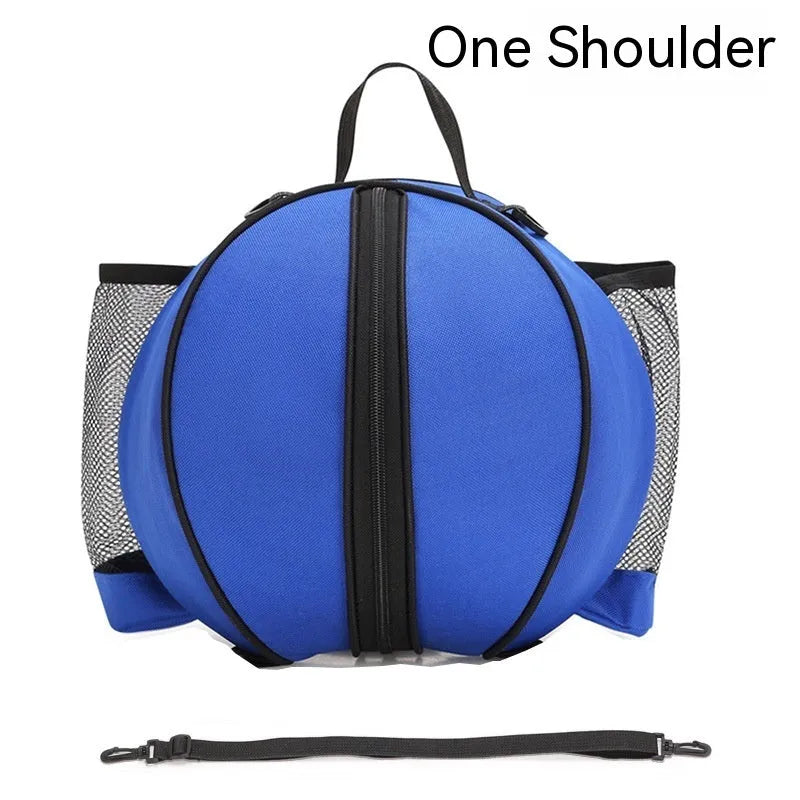 Black Oxford cloth basketball training bag with a single shoulder strap, shown next to a basketball.