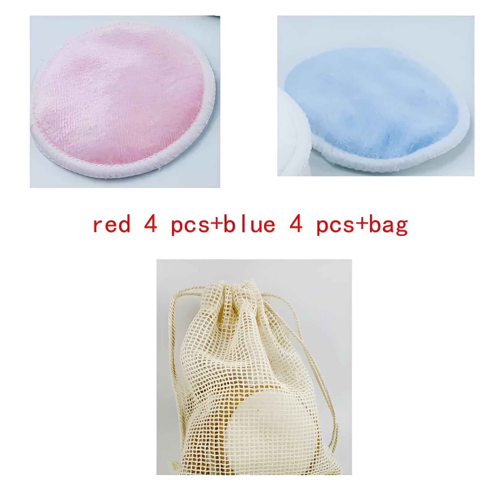 Water pink and light blue velvet makeup remover pads in 8cm size with cotton mesh storage bag
