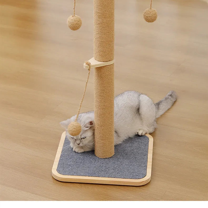 Windmill-style cat climbing frame with scratch-resistant hanging ball toy on carpet leather surface