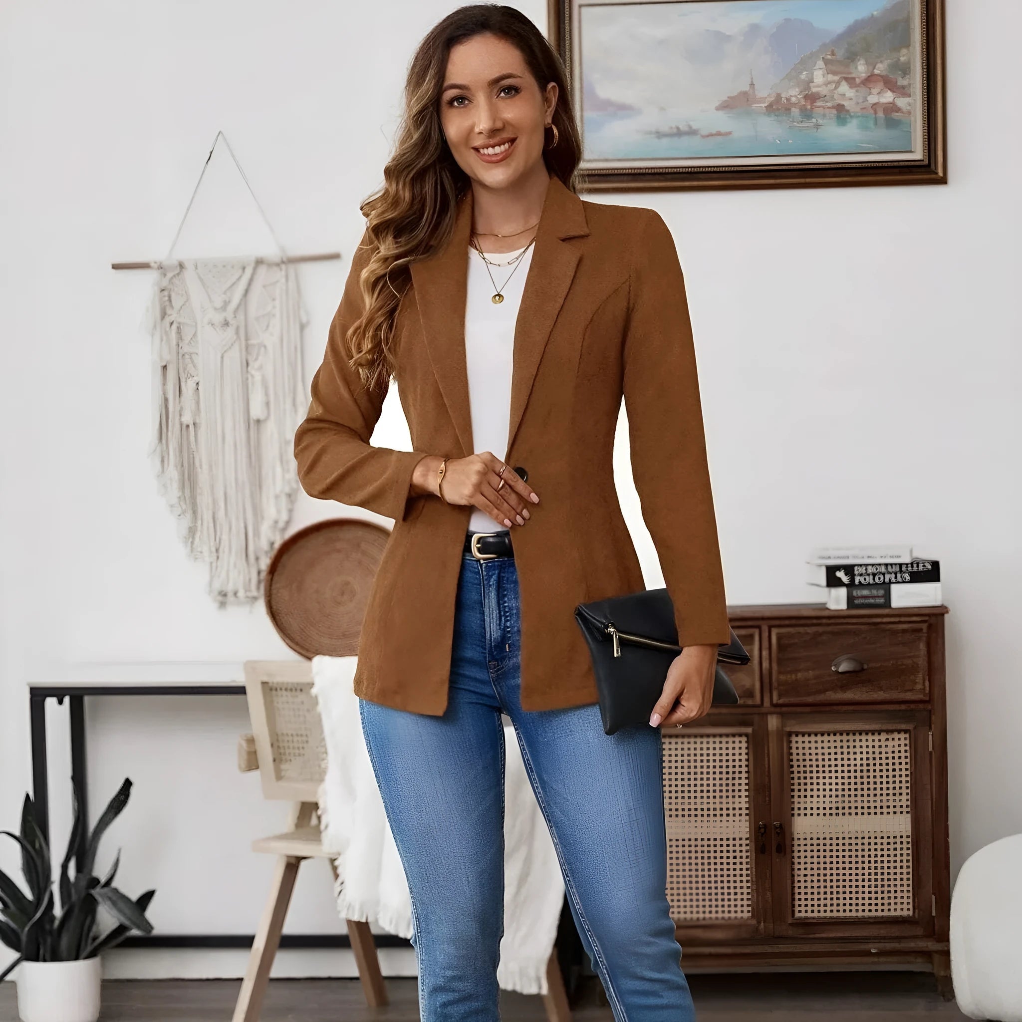 Brown men's single-breasted suit coat with lapel collar and long sleeves.