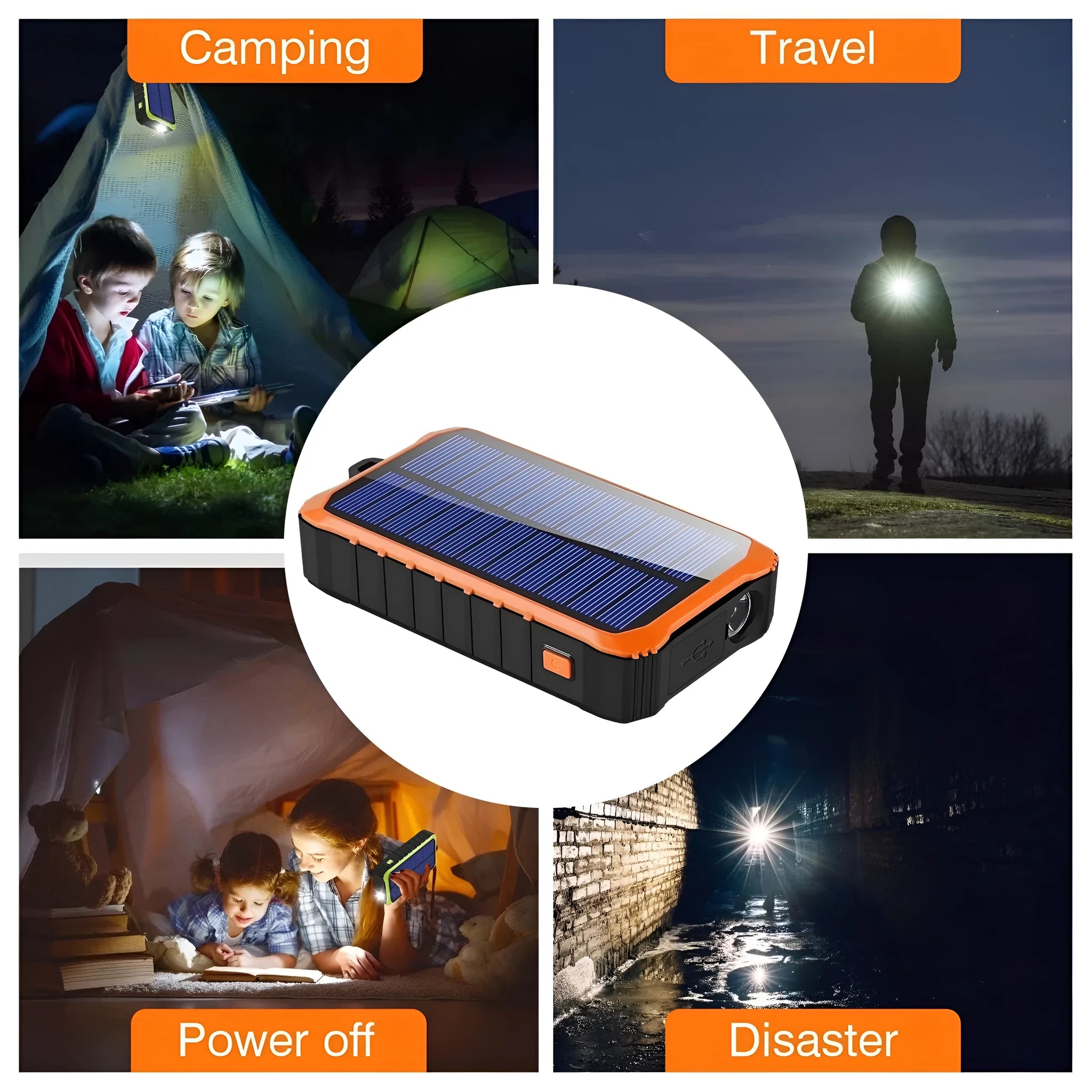 Orange and green portable solar hand crank power bank with USB ports and LED light