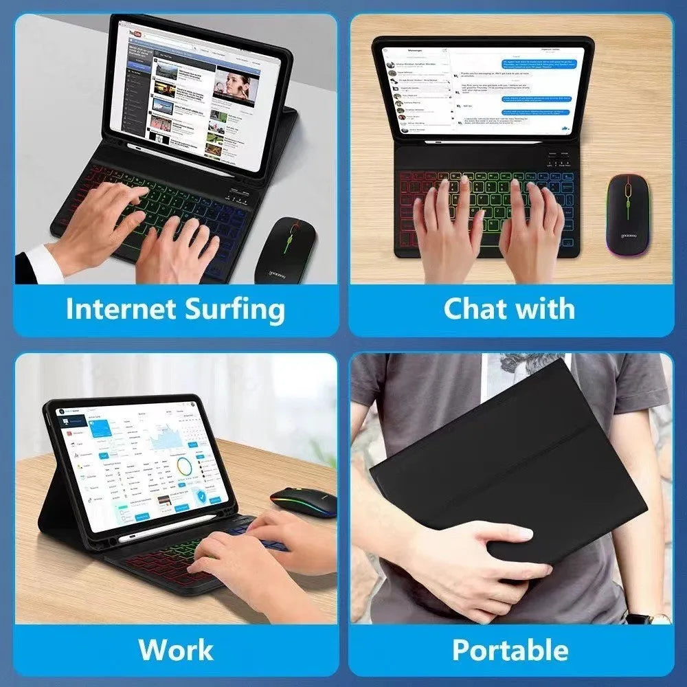 Colourful iPad leather case with attached luminous RGB backlit Bluetooth keyboard on a desk.